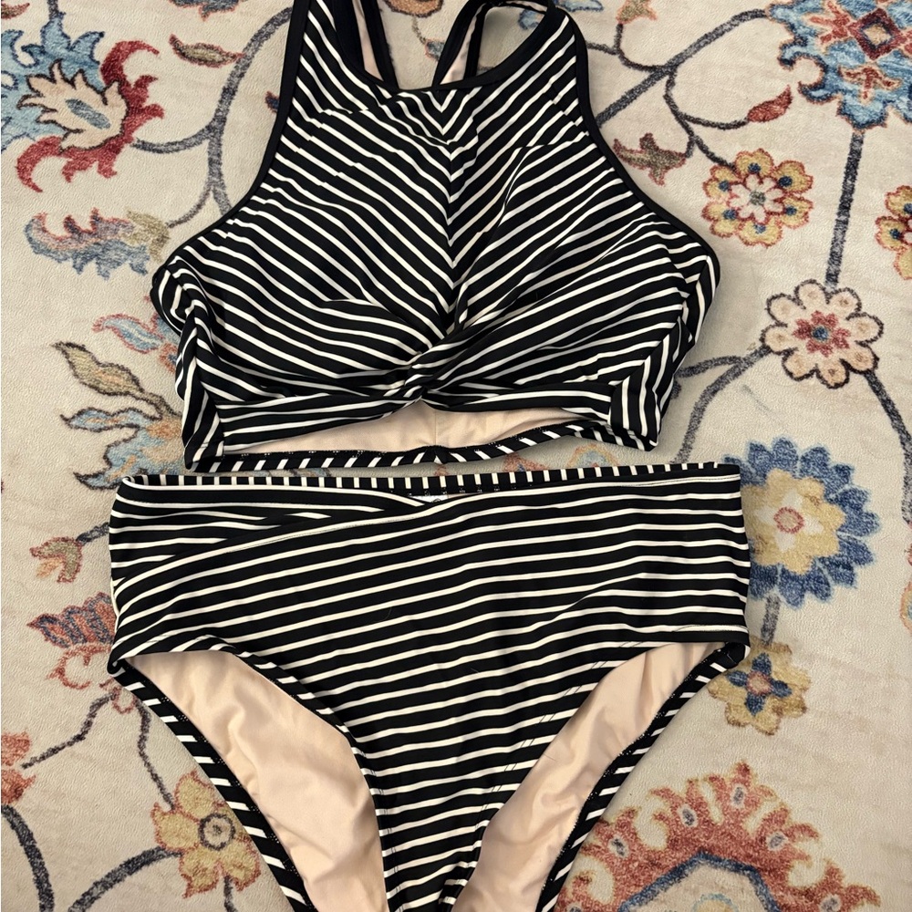 Kona Sol Black and White Striped Swimwear